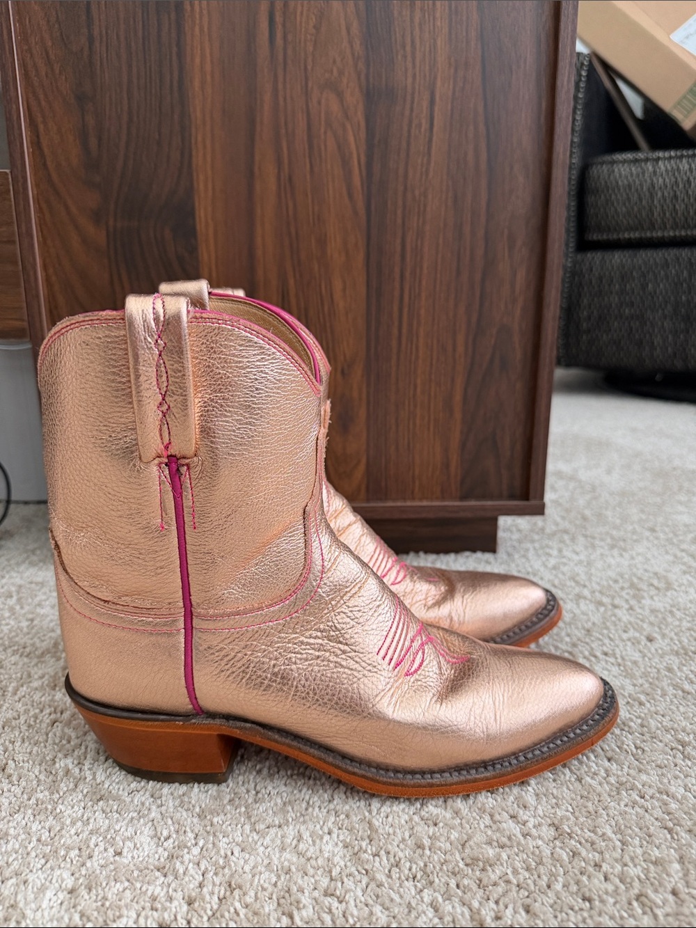 Lucchese Metallic Rose Gold Gabby Booties with Pink Stitching - Picture 4 of 7